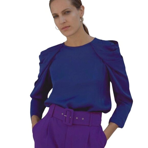 Zara Satin Effect Pleated Puff Shoulder Glossy  Blouse | XS | Royal Blue/Purple - Picture 1 of 16